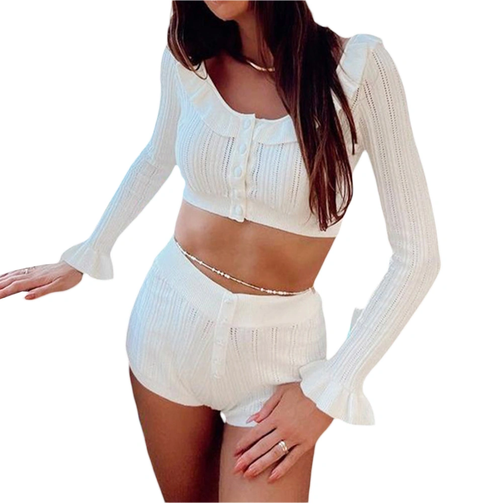 Women Knitted Outfits Ruffled Button Long Sleeves Tops and Shorts