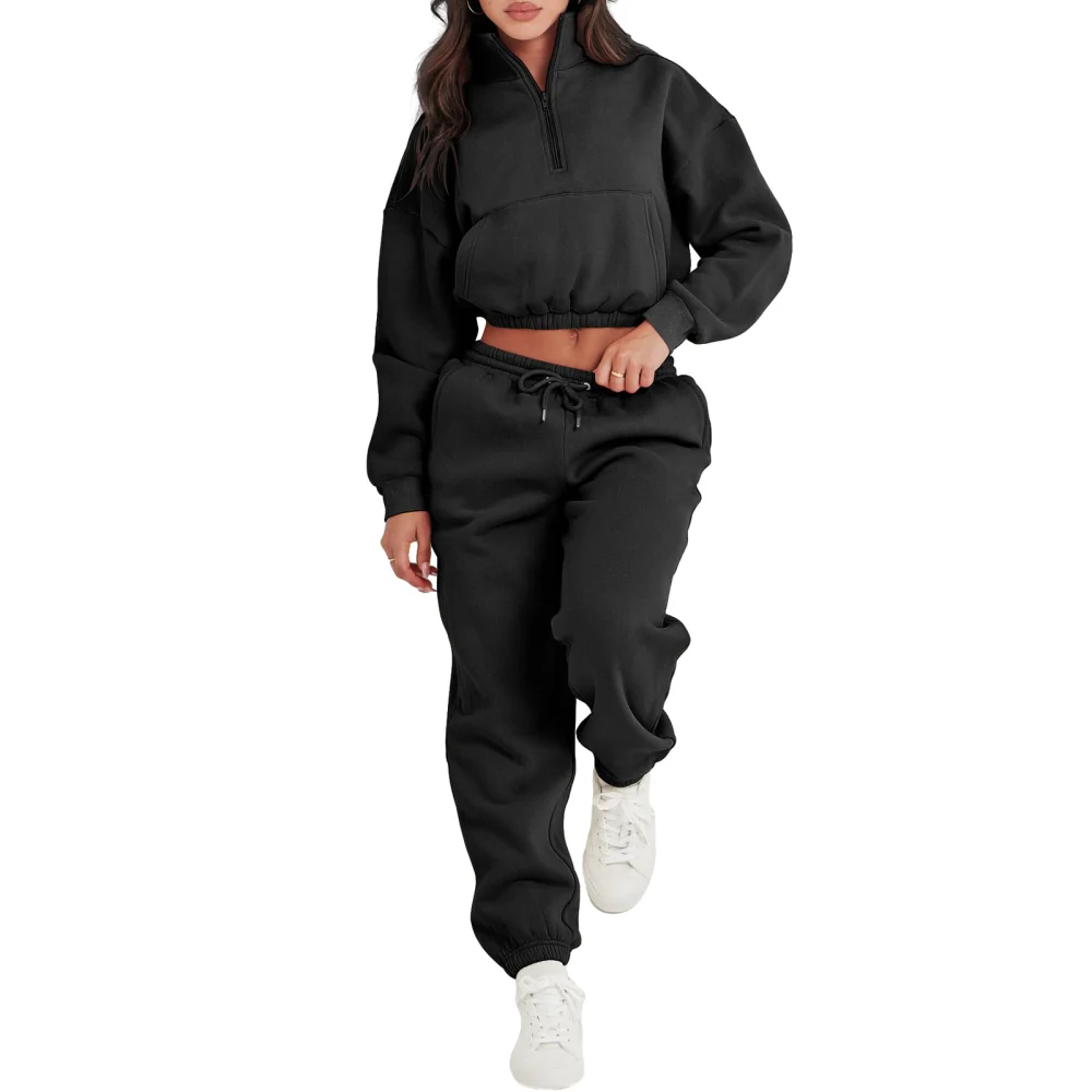 Women 2 Piece Tracksuits 1/2 Zipper Cropped Sweatshirt and Sweatpants