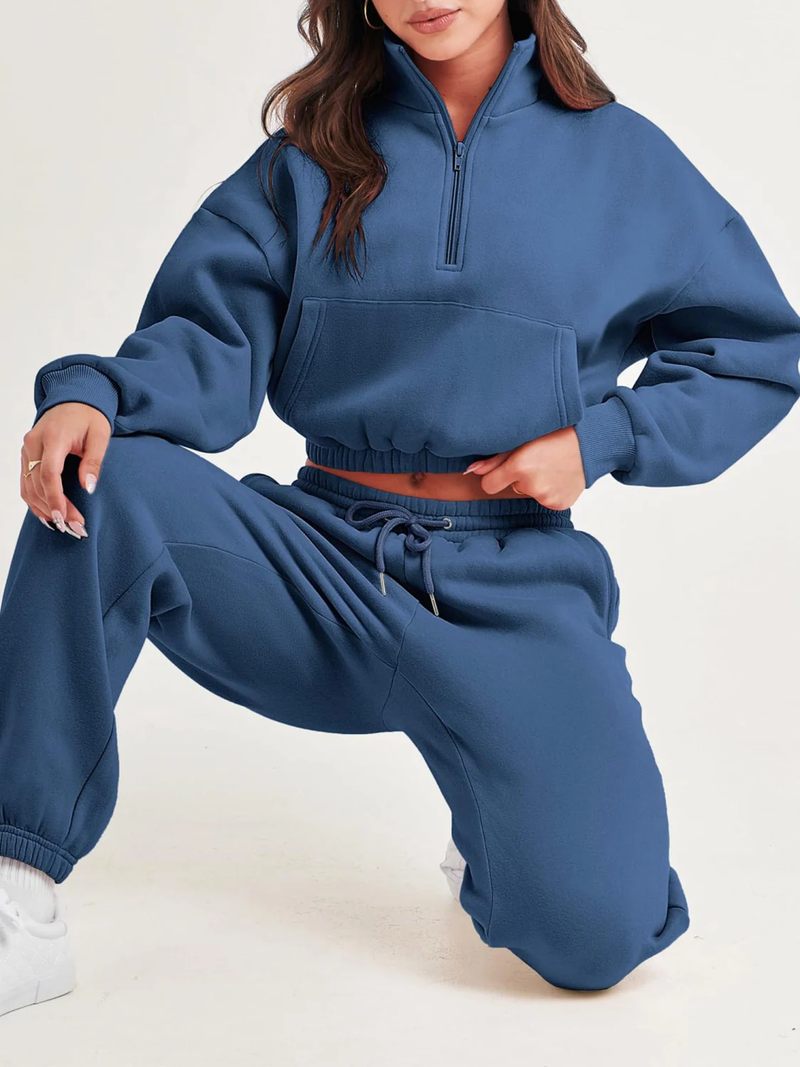 Women 2 Piece Tracksuits 1/2 Zipper Cropped Sweatshirt and Sweatpants