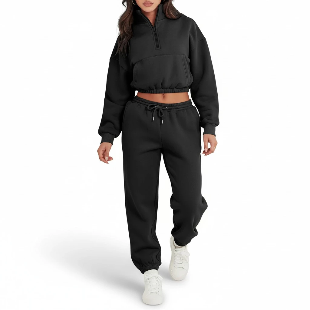 Women 2 Piece Tracksuits 1/2 Zipper Cropped Sweatshirt and Sweatpants