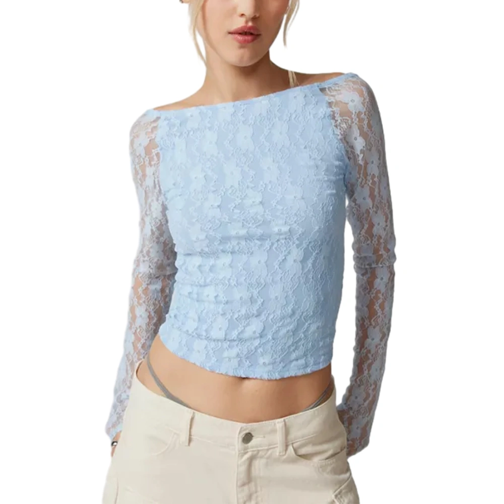 Women Summer Backless Slim Fit Lace Jacquard Long Sleeve Crop Tops