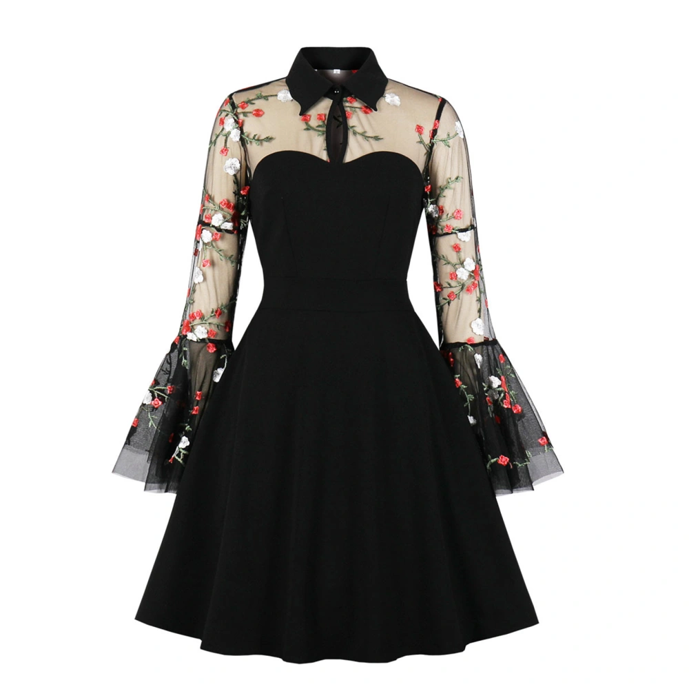 Women Midi Dress Flower Embroidery Long Flare Sleeve A-line Dress