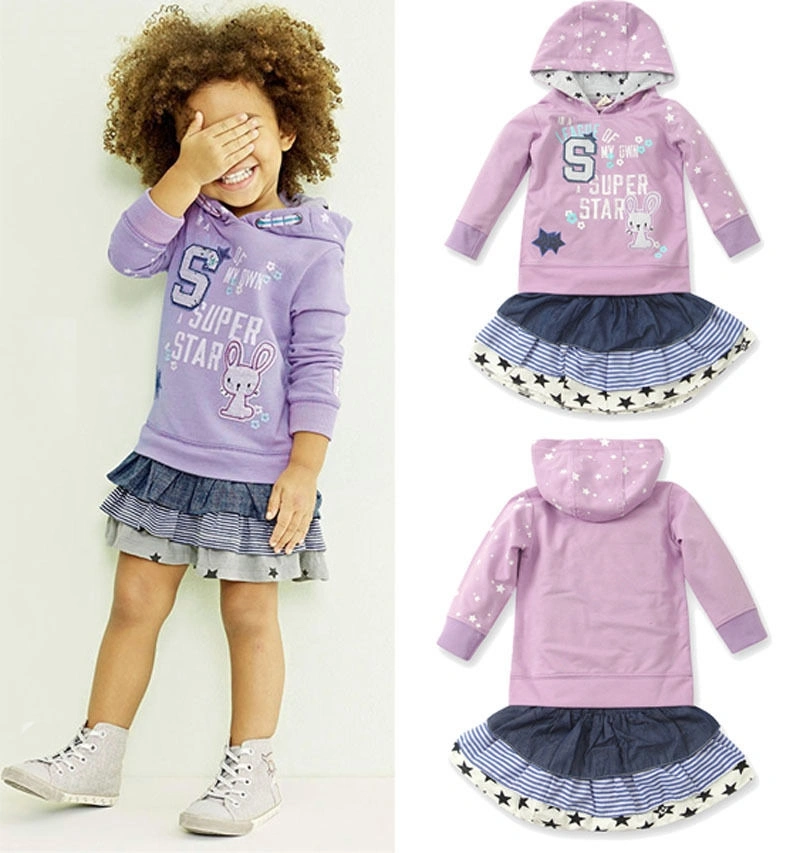 Little Girl's Skirt Set, Rabbit & Letters Hoodies, Short Striped Skirt