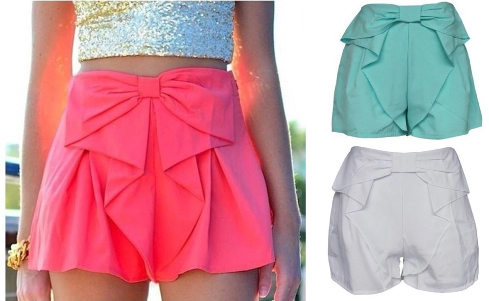 Women's Summer Shorts Solid Elastic Waistband Bow Casual Shorts