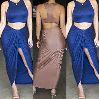 Women 2PCS Skirt Set, Solid Color Sling Crop Tops, High Waist Long Skirt