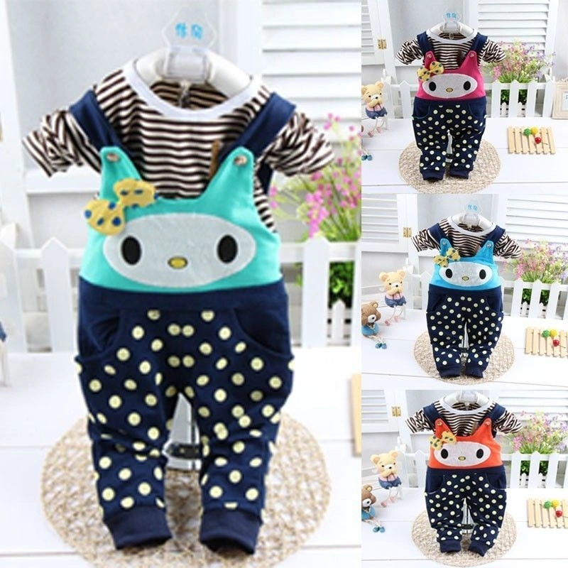 Baby 2PCS Pants Suit, Striped Top Shirt, Long Suspender Pants Set