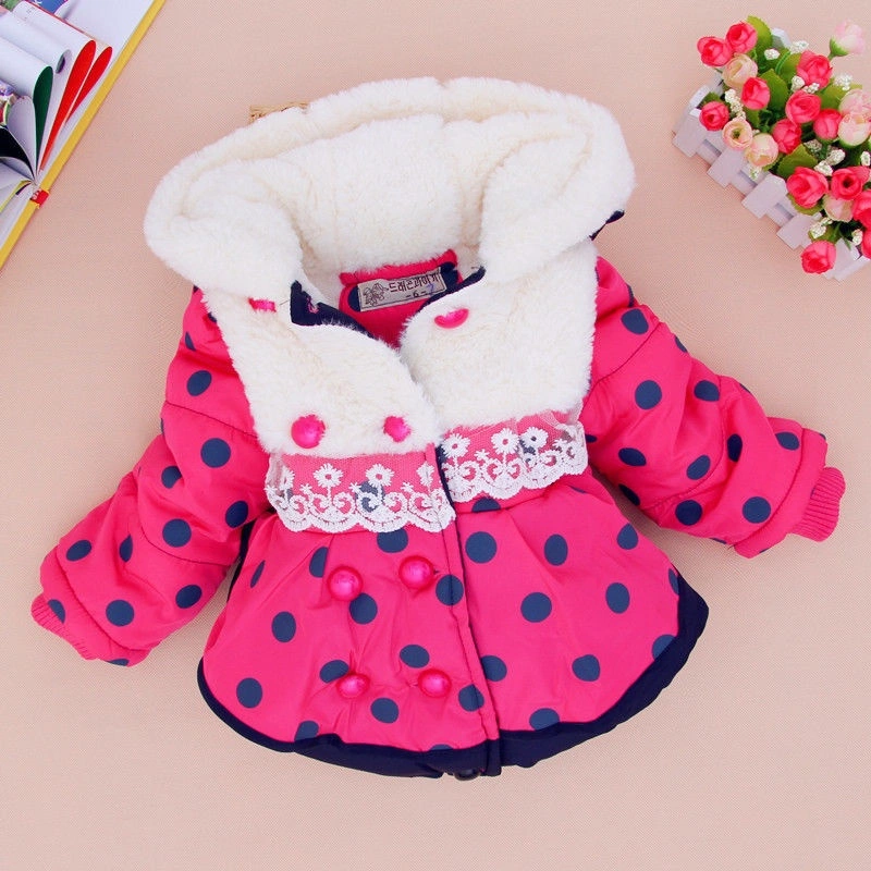 Kids Girls Thicken Fur Hoodie Coat Retro Polka Dot Print Long Sleeves Jacket