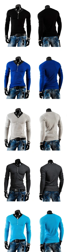 Men's Long Sleeve T-Shirt, Plain Color Button V Neck Simple Tee Shirt