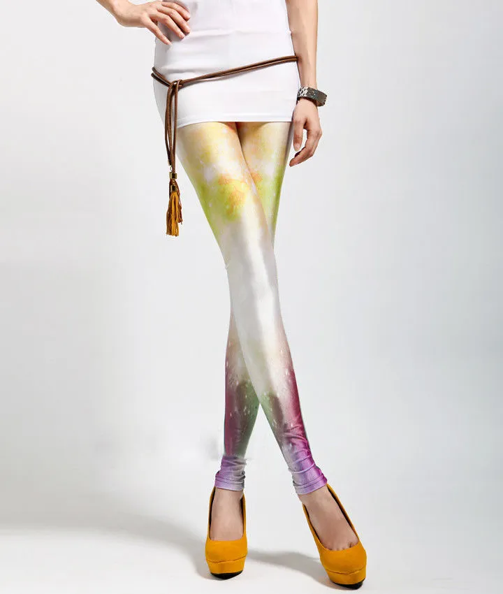 Women's Multicolored Skinny Leggings, Galaxy Printed Stretchy Tight Trousers