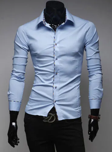 Men Formal Blouse, Long Sleeve Color Block Folded Collar Buttons Shirt