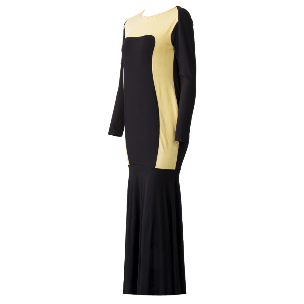 Women Long Dress, Long Sleeve Color Block Round Neck Slim Dress