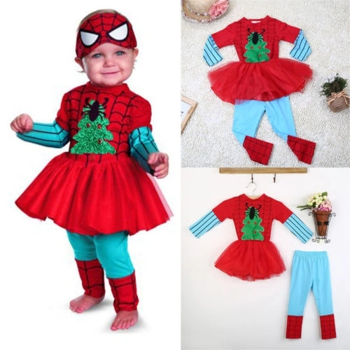 Baby Girl Cartoon Character Set Christmas Tree Spider Dress Pants