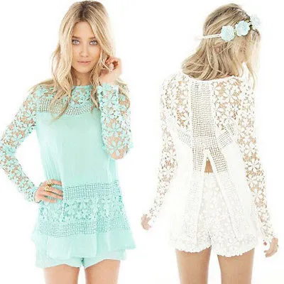 Women's Summer Chiffon Top Lace Long Sleeve Hollow out Blouse