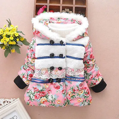 Baby Girl Hooded Jacket Faux Fur Floral Long Sleeve Patchwork Coat