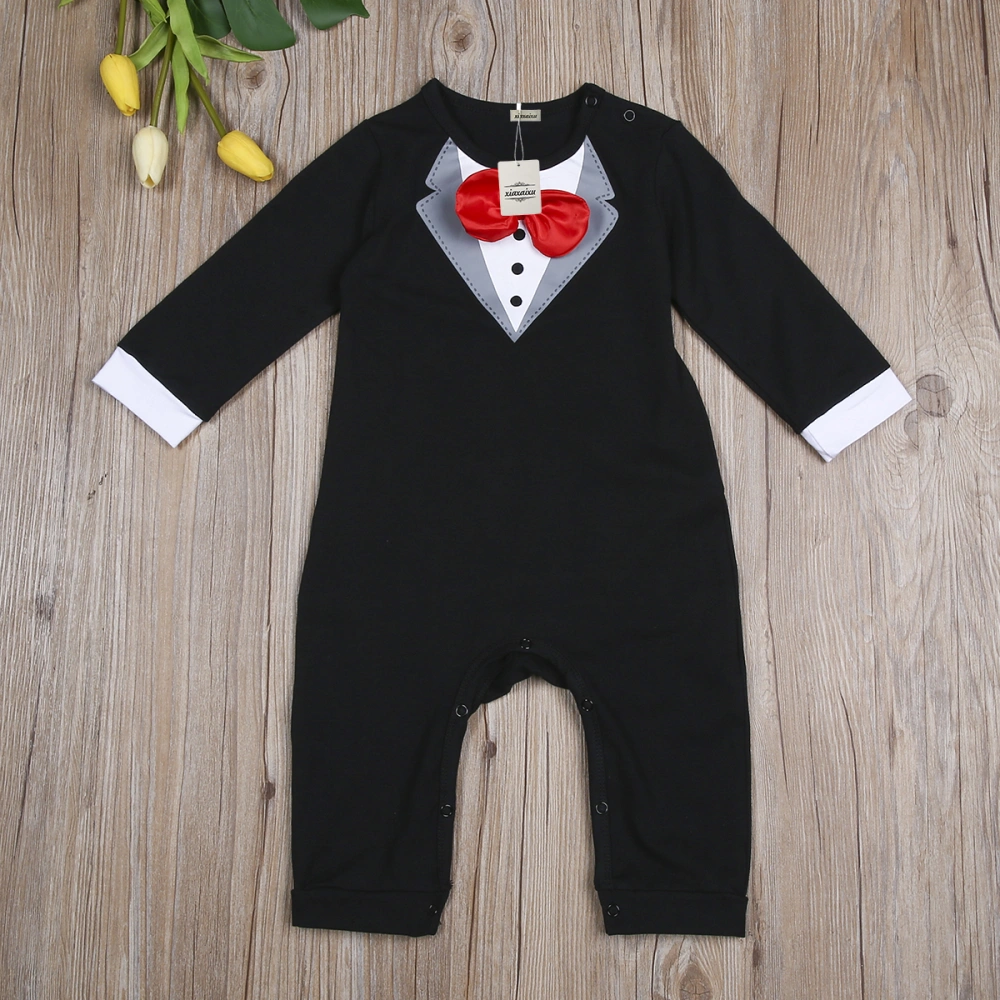 Baby Boys Romper Gentleman Style Front Bow Long Sleeve Button Closure Romper