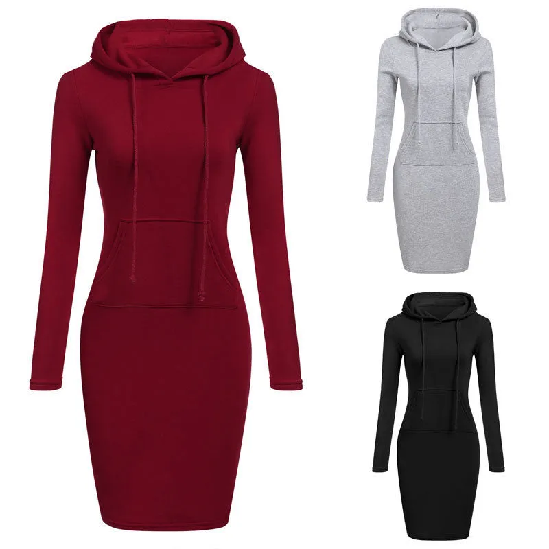 Women Long Sleeve Hooded Dress Solid Color Pockets Skinny Long Hoodies