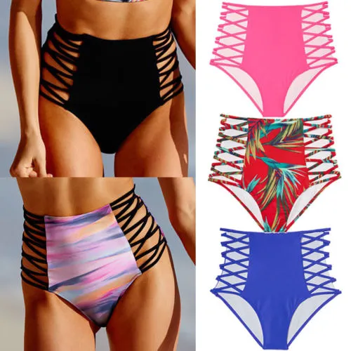 Women's High Waist Bikini Shorts Leaf Print Cutout Bandage Swimming Trunks