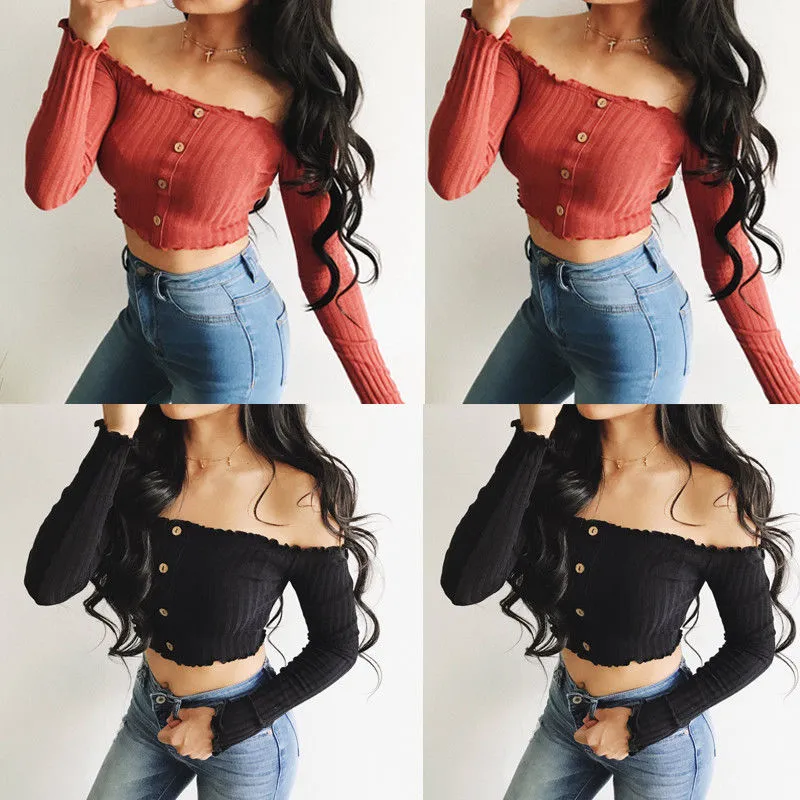 Women’s Solid Color Long Sleeve Off-the-shoulder Exposed Navel Top