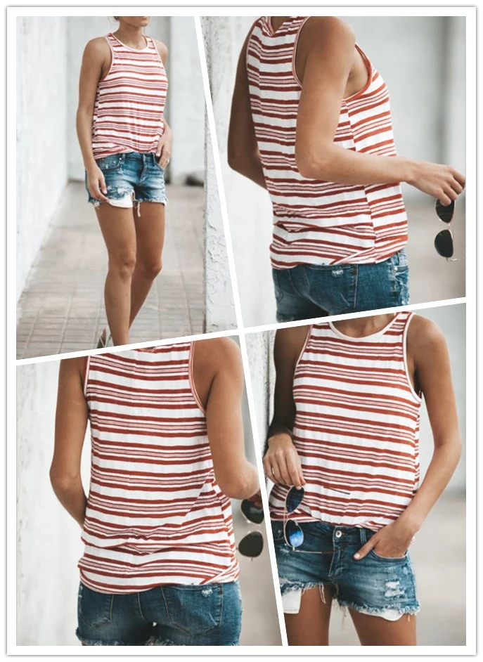 Women's Crew Neck Vest, Sleeveless Stripe Print Simple Style Tank Tops