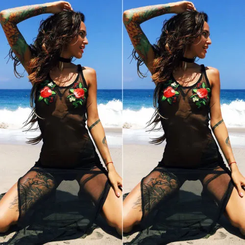 Women Bathing Suit Cover Up, Floral Embroidered Sleeveless Dress