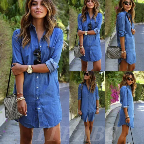 Womens Casual Denim Jeans Turndown Tops Blouse Ladies Long Sleeve Mini Dress