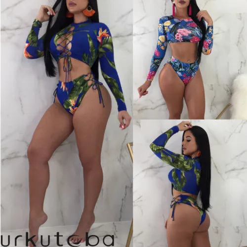 Women Summer Floral Bikini Set Long Sleeve Printed Beachwear Outfit