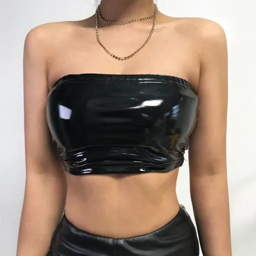 Women Summer PU Leather Vest Short Black Bustier Halter Crop Top