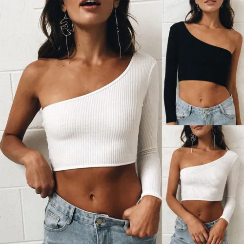 Women Crop Top, One Shoulder Tank Top, Summer Slim Fit Clubwear