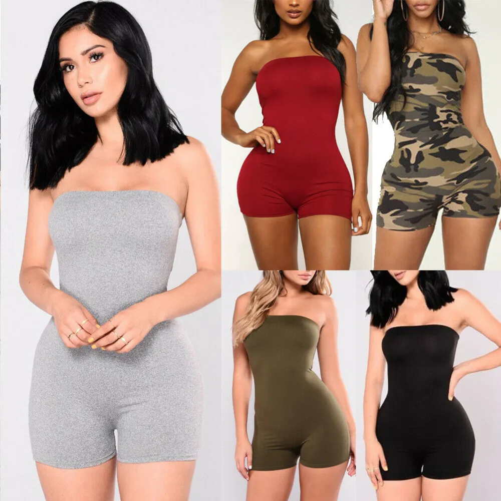 Women Sexy Bodysuit Sleeveless Off Shoulder Bodycon Short Pants Pullover Outfit