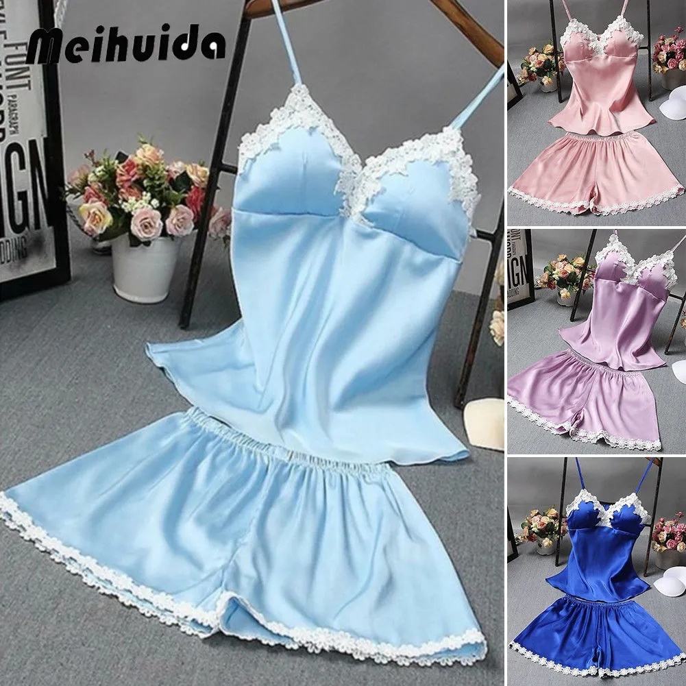 Women Summer Sleepwear Suit, V-Neck Sling Tops+Loose Short Pants