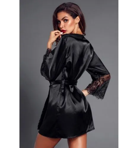 Women Sexy Silk Satin Nightdress V Neck Lace Patchwork Sleeve Belt Nightwear