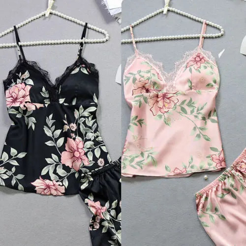 Women 2PCS Lingerie Floral Sling Lace Deep V-Neck Top Short Elastic Band Pants