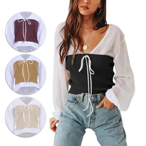 Ladies Tops Drawstring Shirt V-neck Superimposed Two-piece Blouse