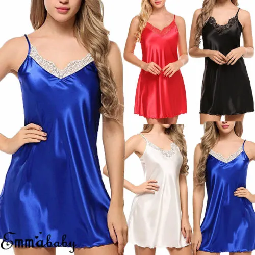 Women Sleeveless V Neck Sling Nightdress Silk Smooth Mini Dress