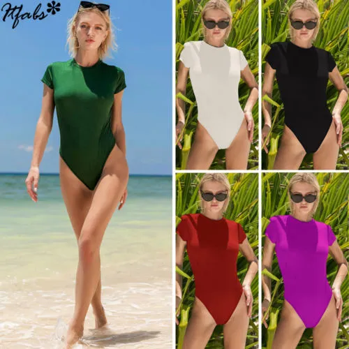 Women One Piece Bodysuit, Solid Color Short Sleeve Slim Playsuit