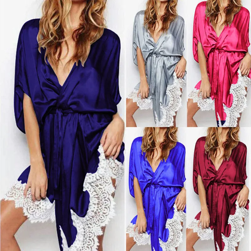 Women's Pajamas Satin Lace Long Sleeve Robe Patchwork Bridesmaid Sleepwear