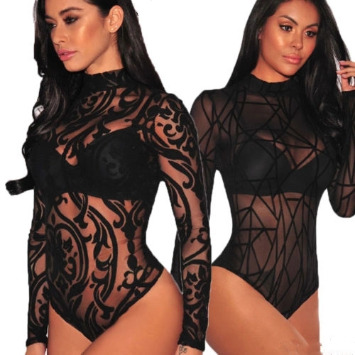 Women Sexy See-through Bodysuit Long Sleeve Turtleneck Mesh Leotard Jumpsuit