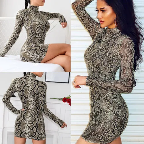 Women Tight Dress, Snake Print High Collar Serpentine Bodycon