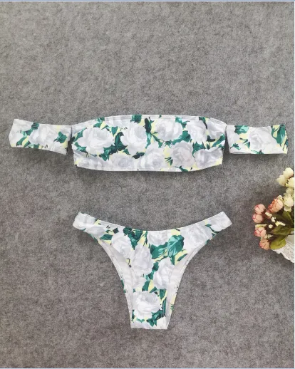 Women's Floral Off-shoulder Short Sleeve Tops and Bikini Bottoms