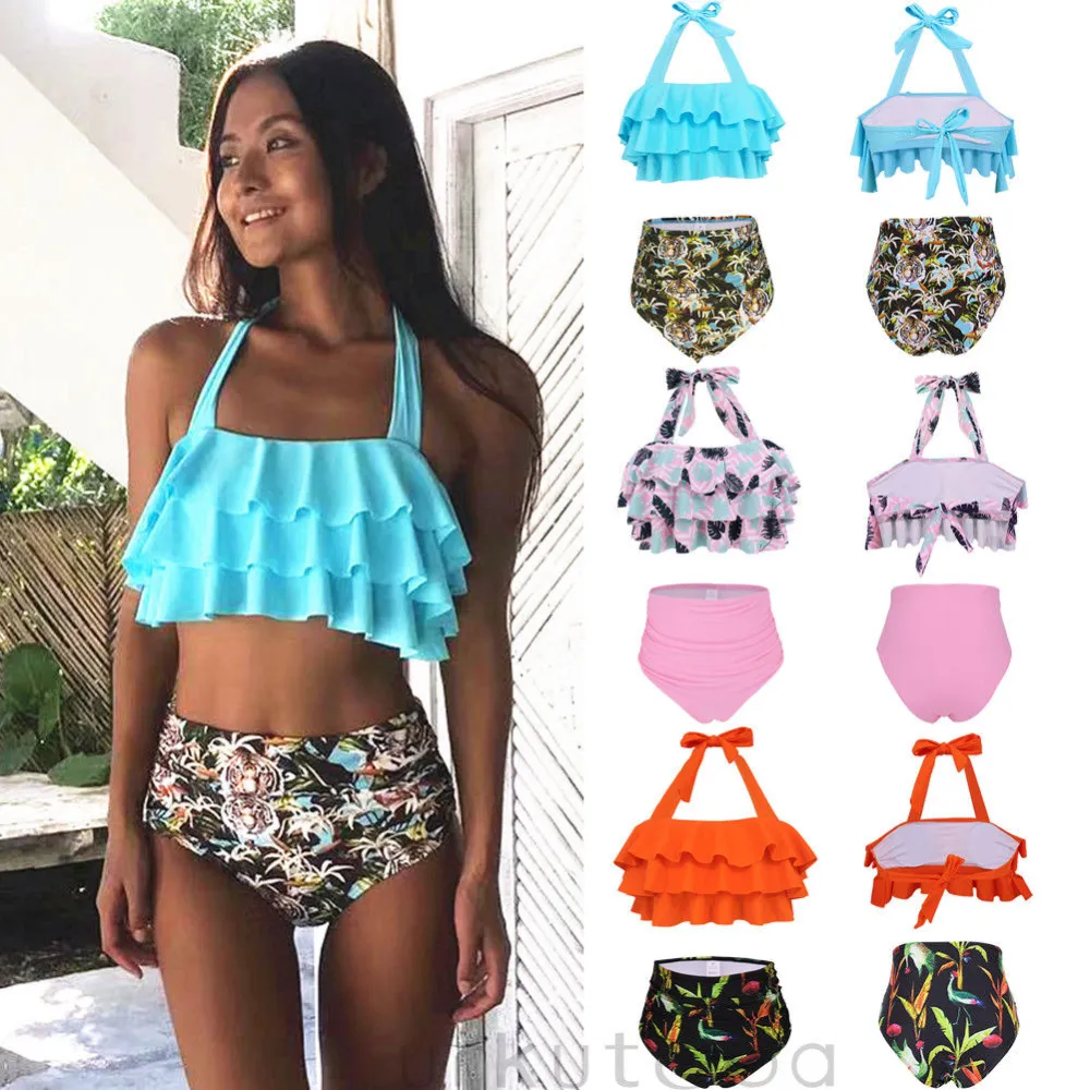 Ladies Swimsuit Set Lace Ruffled Bra Printed Thong Bikini Suit