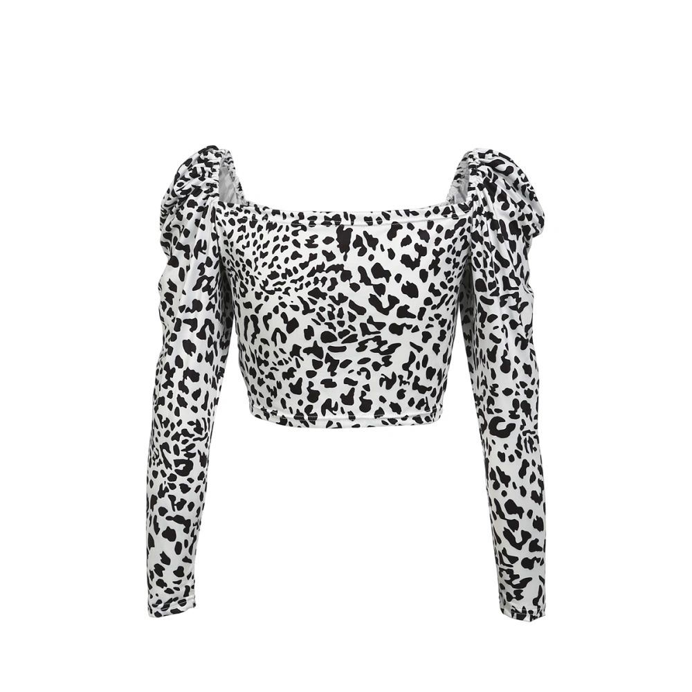 Women Leopard Print Crop Tops Vintage Long Puff Sleeve U Collar Pullover