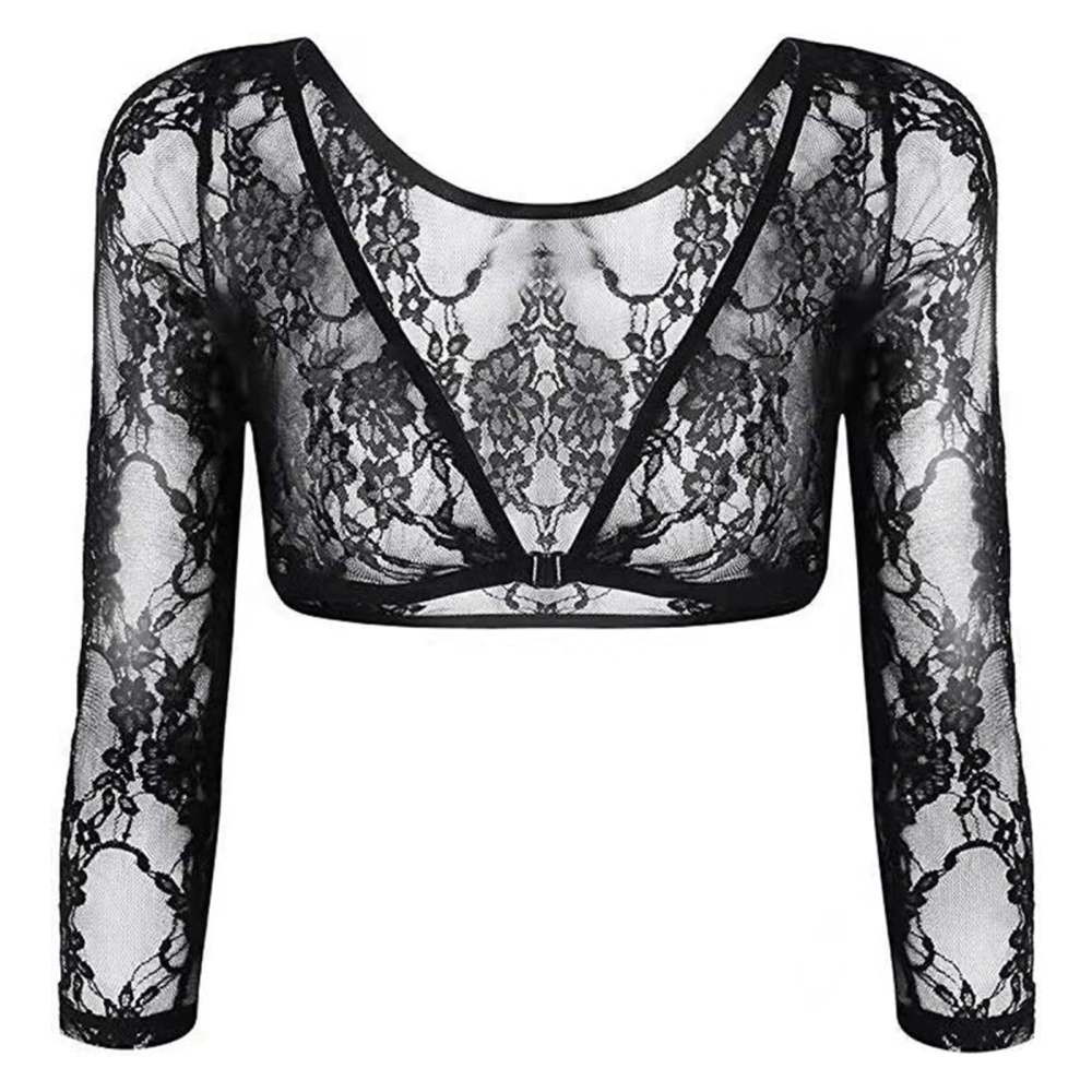 Women Summer Sexy Blouse, Lace Sheer Deep V-Neck Long-Sleeves Crop Top