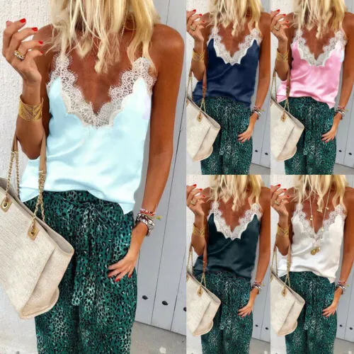 Women Sleeveless Camisole Sexy Satin Silk Lace V Neck Vest Summer Tank Top