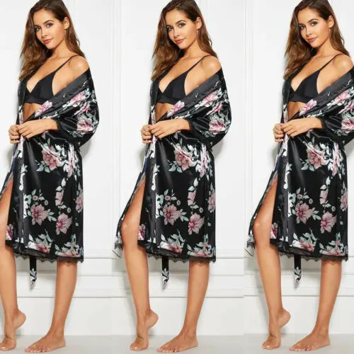 Women Floral Bathrobe Oblique V-Neck Lace Trim Kimono Robe Nightwear