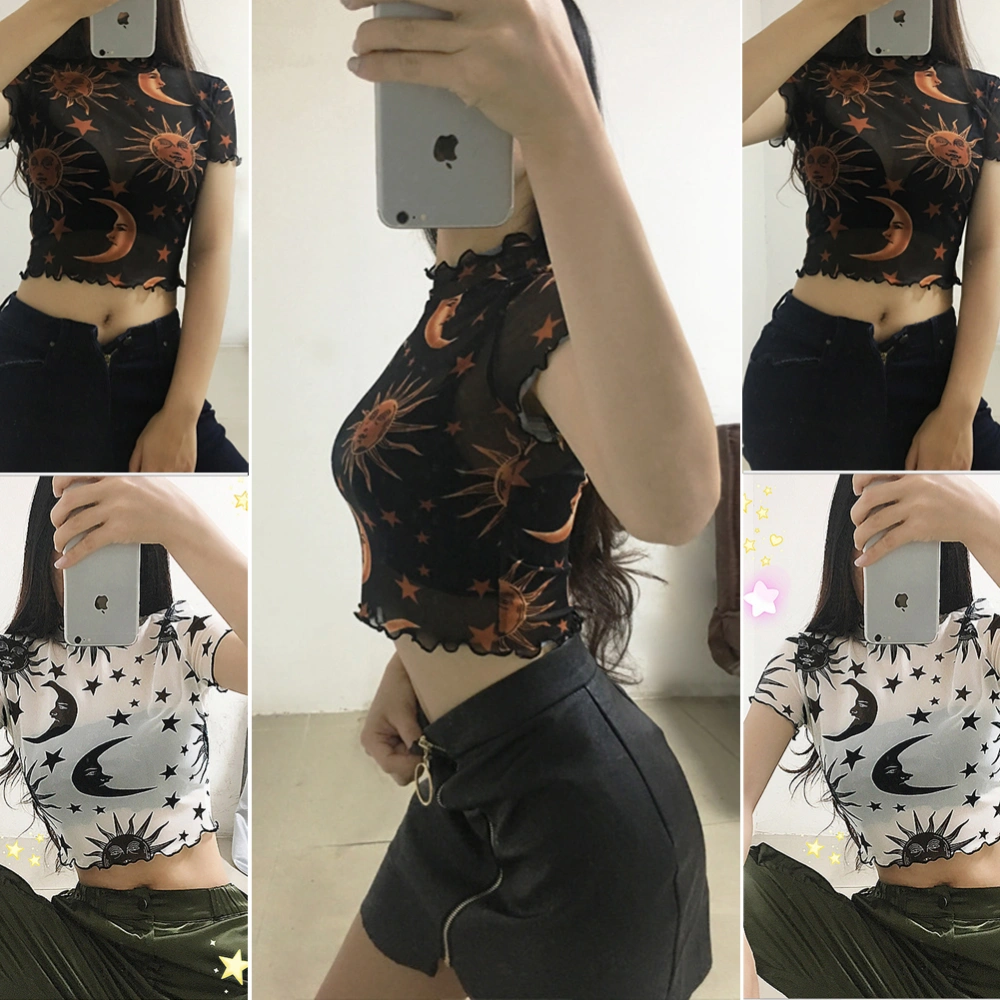 Women' s See-through Tee Tops Transparent Moon Star Print T-shirt