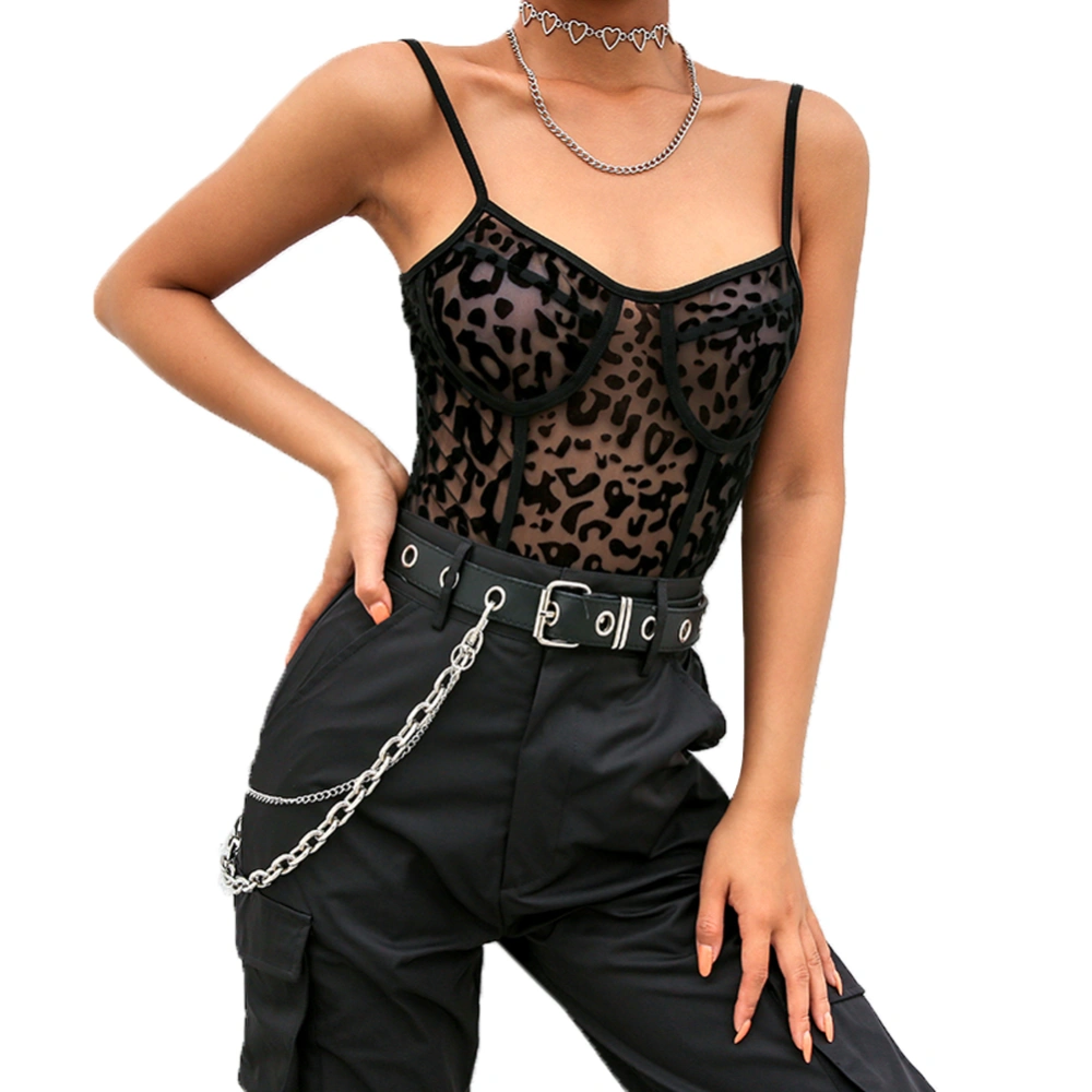 Women Summer Sexy Sleeveless Jumpsuit Mesh See-through Leopard Sling Bodysuit