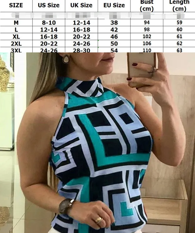 Women's Sexy Sleeveless Hanging Neck T-Shirt Geometric Print Blouses