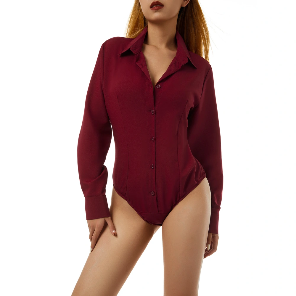 Woman's Sexy Solid Color Slim Jumpsuit, Lapel Long Sleeve Button One-piece