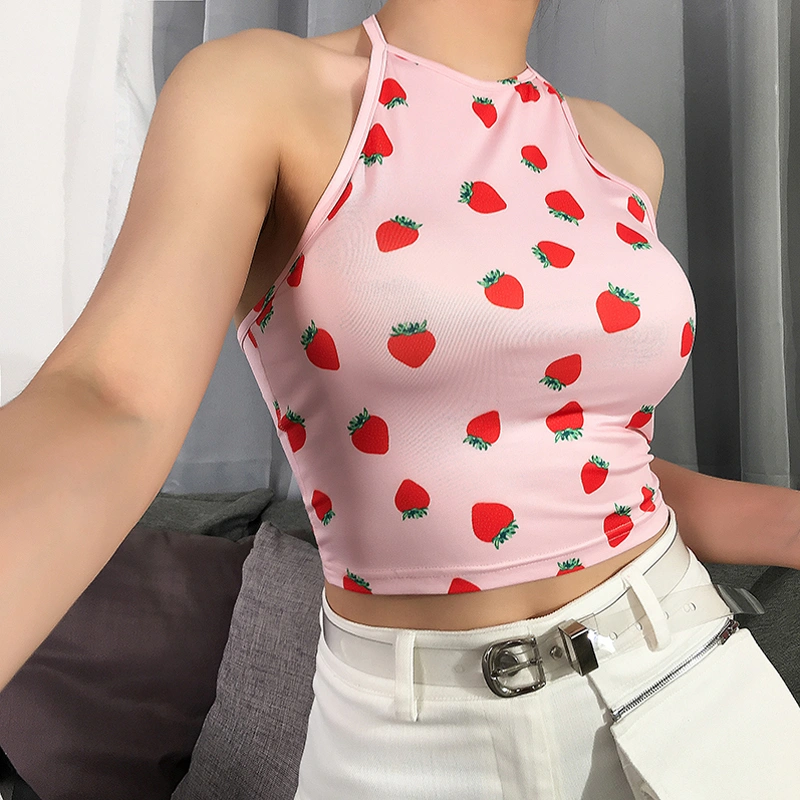 Women Strawberry Vest, Cami Crop Tops, Halter High Waist Blouse