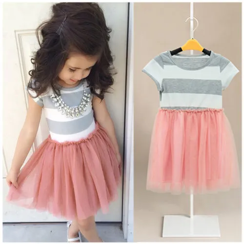 Little Girls Summer Dress, Striped Short Sleeve Round Neck Princess TuTu Dress